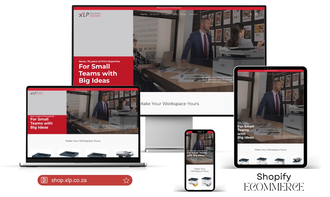 Various screen sizes showcasing the XLP Document Solutions Shopify Store